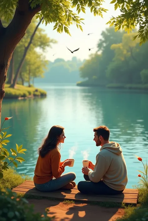 Friends drinking coffee on the riverbank
