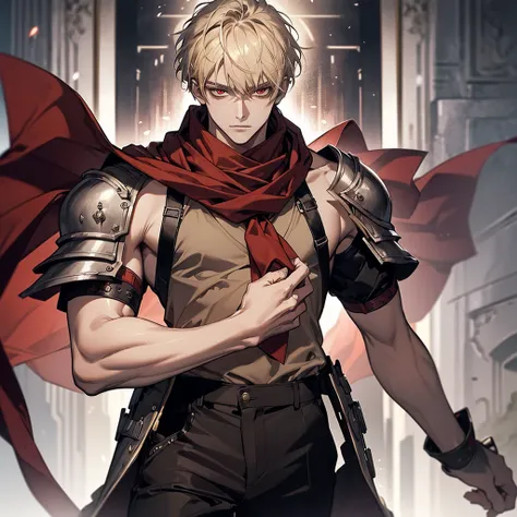 ((Masterpiece, Highest quality)), Detailed face, Highly detailed, Depth, Many parts, full body, blonde short hair and red eyes，handsome man, black sleeveless T-shirt, black trousers, red scarf around the neck, red armour on the right arm, twenty-five years...