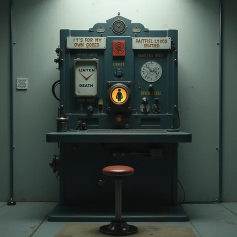 A machine with two large signs that read: “its for my own good” and a button with the image of death; and another sign that says freedom. In the line of the button with the image of death there is an infinite queue. 