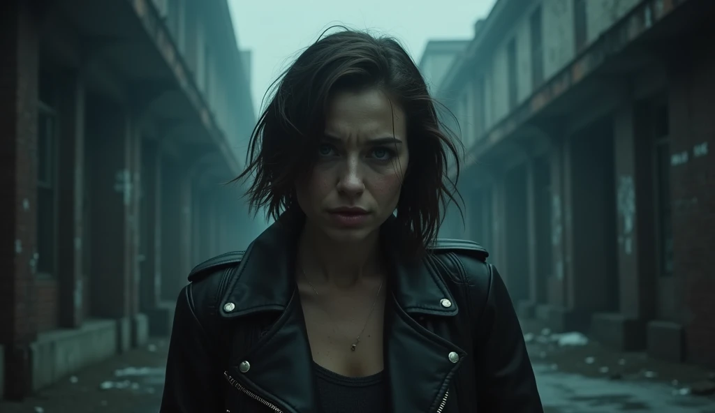 A disheveled woman in her mid-30s with short, dark brown hair, wearing a black leather jacket, walks away from a dark, abandoned warehouse. Her face is pale, with exhaustion and emotional strain etched into her expression, and her blue eyes appear distant ...