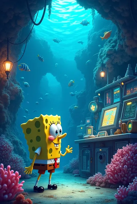 Create a vibrant deep-sea scene with SpongeBob looking curiously into an underwater lab, full of scientific equipment and strange sea creatures. The environment must have an intriguing and magical atmosphere.