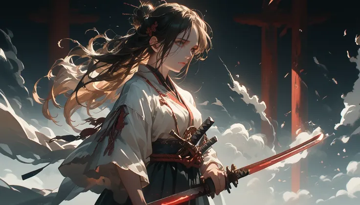 anime girl,with a katana in hand,bright colors,maximum details,long hair,fluttering in the wind,dark atmosphere,feel the power,i...