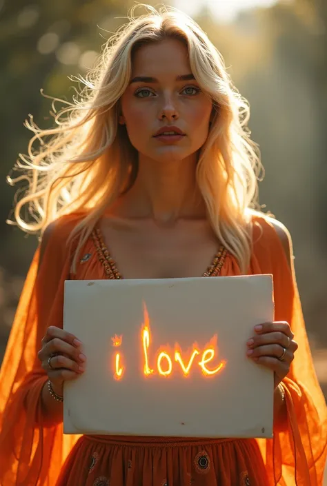 Beautiful blonde woman with medium length hair in bohemian flaming dress, holding a white board with a burning inscription "I Love" and showing it to the viewer