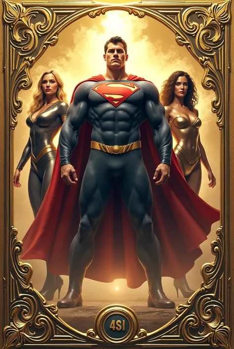 Create a gold and silver gould card advantage card with super heroes inside 