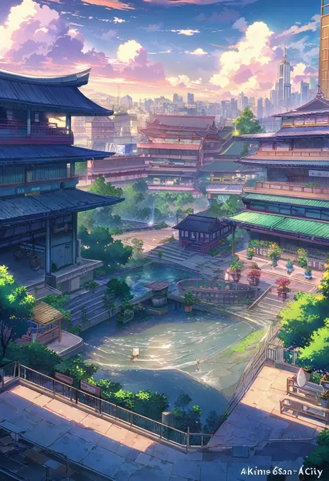 The adventure begins、Gloomy weather、cyberpunk Japan city、Complex Japanese architecture、flowerpot、temple、Holy Land、、Bus Station、Trees、Warm lighting、Puddle、Beautiful ancient Japanese scenery、Beautiful and dreamy summer landscape、Movie Scenery、High quality、de...