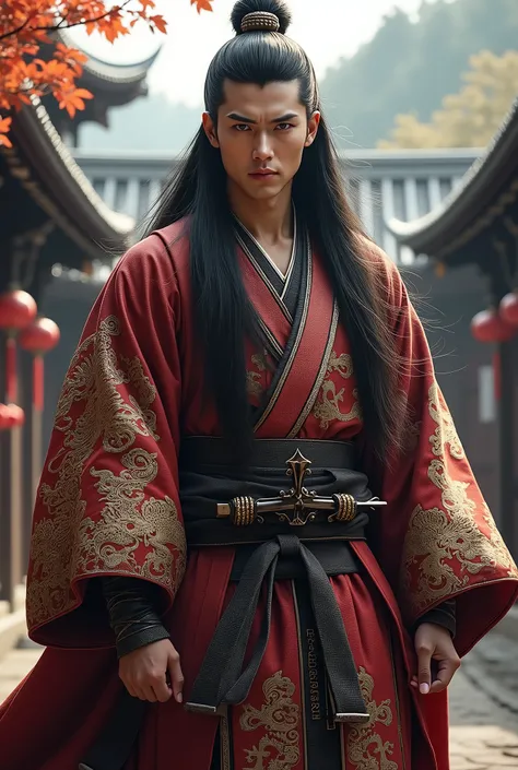 samurai warrior, long black hair, 1,  noble clothes with oriental dragon print, male gender and very handsome