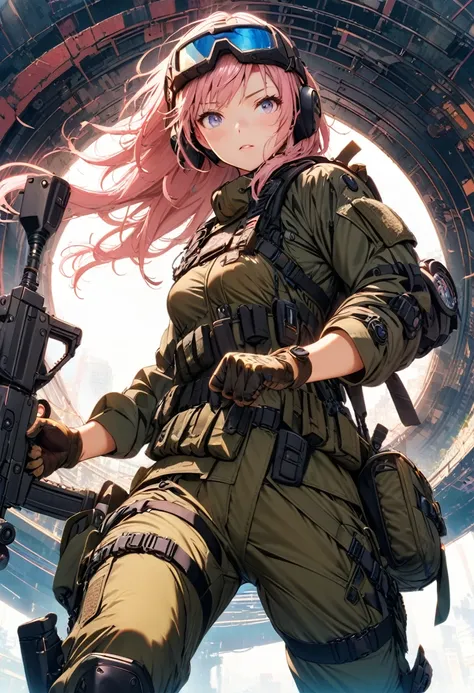 metal gear solid style, (detailed intricate full cover tactical helmet:1.3), (pink hair), Cowboy shooting, dynamic poses, 1 girl, alone, Ray tracing, (masterpiece), (best quality), (detailed), (detailed tactical gear:1.1), (body protective gear:1.1), comba...