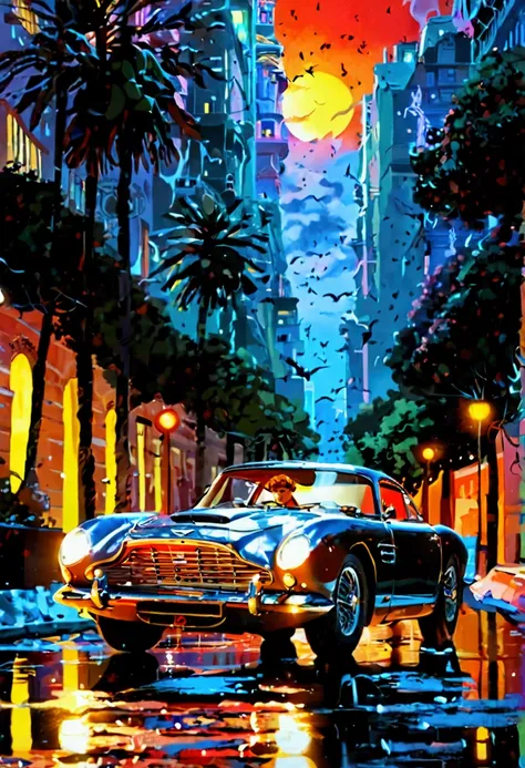 60s style movie poster 007 movie Sean Connery Dianna Rigg as bond girl batman next to catwoman Classic Aston Martin next to Batmobile 89 lightning bolts/dc in black and red morumbi stadium villains in the background