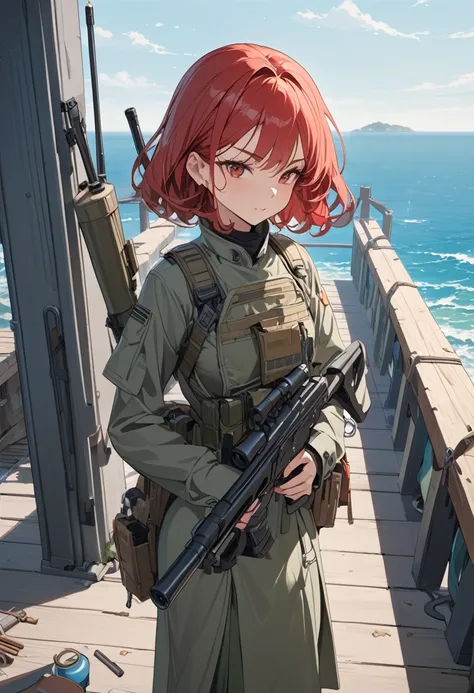 Anime Style, An absurd resolution, High resolution, (masterpiece: 1.4), Super detailed, Weapons testing site on an empty pier by the sea, One young woman, Short Red Hair, Dressed in soldier&#39;s clothes, Very serious expression