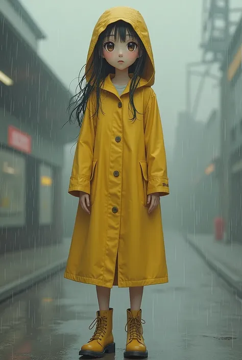 there will be a woman waring a raincoat with boots on it should be like an anime girl the rain coat should be plain and yellow i want the girl to look more manual and the raincoat should be closed 
