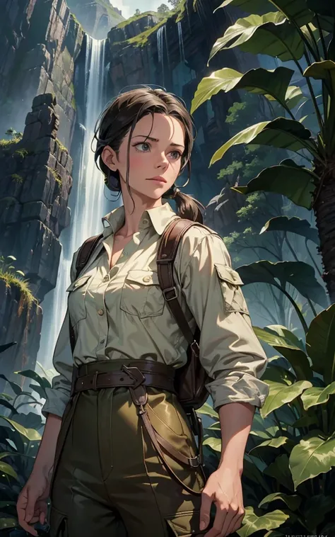 (Evangeline Lilly:Alicia Vikander) ponytail, Explorer in the jungle, white shirt, green jacket, beige cargo pants, year 1925, Lovecraft atmosphere, dark atmosphere, masterpiece, hyperdetailed, trending on artstation, sharp focus, golden ratio, 4k resolutio...