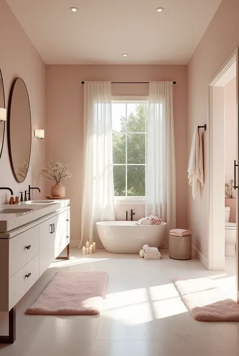 design me a modern, feminine, luxurious master bath. there should be nude and blush tones. it should feel peaceful and tranquil. it should be cozy with touches of pink
