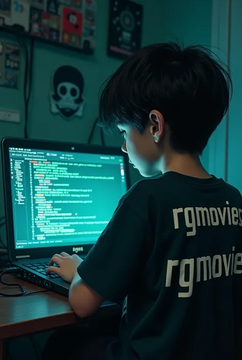 Creat a hacking background in which a boy is writing in his laptop "new movie"and wearing a t shirt and in his back of t-shirt red t shirt  there was written  boldly "RGmovies" on the backward of his t shirt 