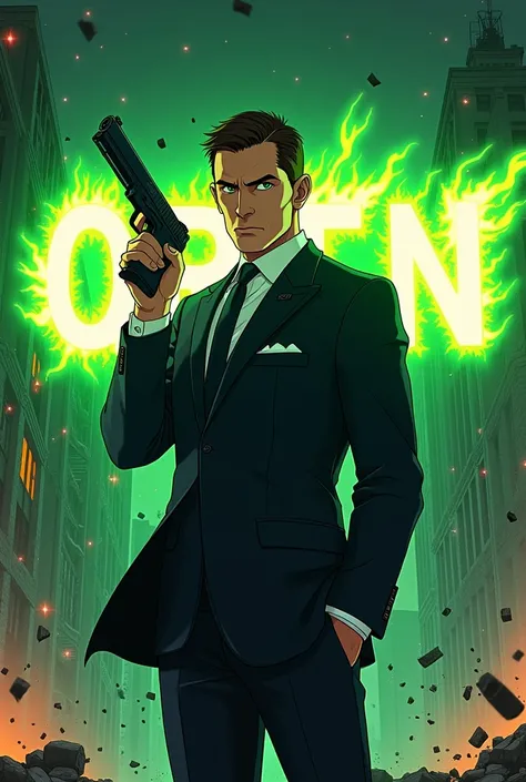 Agent 007 holding a pistol Highlighted on the word QRTN in green fire Background with destroyed buildings In anime
