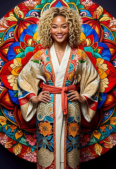 8K, (((highly detailed))), (camera view) race:1.8,Super intricate racial pattern,colorful racial pattern,stained ｛glass background transparent bod｝, mandala,light up,cold, 1 woman, front, (curly,blonde), happy smile，KIMONO