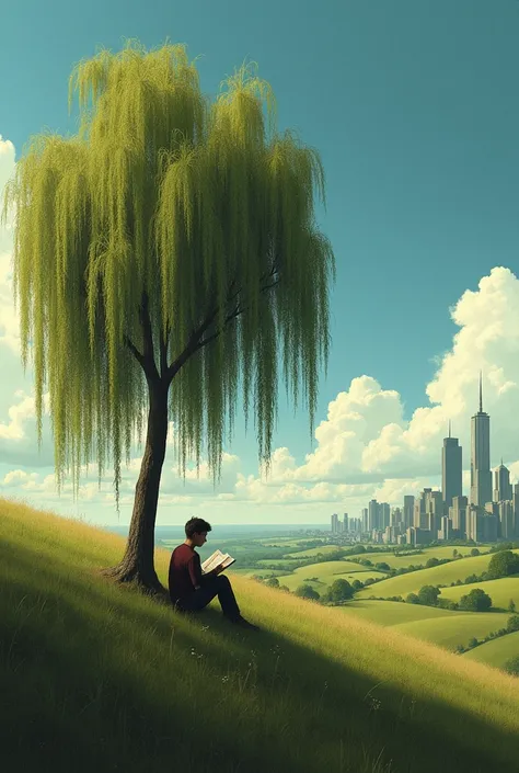 On the left is a hill with a pasture. In the shade of this willow sits a person reading a book. On the right is a city. You see the person frontally. It is surrealistic. The shadow symbolizes calm, On the other hand, the light symbolizes stress. 