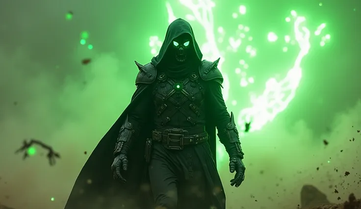 The villain wears a pitch black costume with neon green accents., equipped with a long torn robe, black gloves with advanced devices, dark metal mask with glowing eye lenses, as well as obsolete armor. Attacking with green beams from his advanced gloves, c...