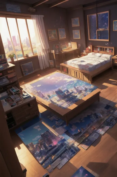 (masterpiece), (best illustration), anime background, gamer bedroom, ring lighting , rim lighting, cinematic, paper falling, (extremely detailed CG unity 8k wallpaper),(masterpiece), (best quality), (ultra-detailed), (best illustration),(best shadow),perfe...