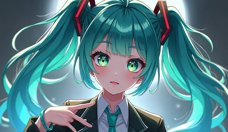 Farzan, Aqua Hair, Blunt bangs, Cowlick, Green Eyes, Hair between the eyes, Hair accessories, Long Hair, Symbol-shaped pupil, Triangular pupil, Twin tails, X Hair accessories,
Bangles, Bare Shoulder, blazer, Student Uniform, Shiny clothes,Hatsune Miku