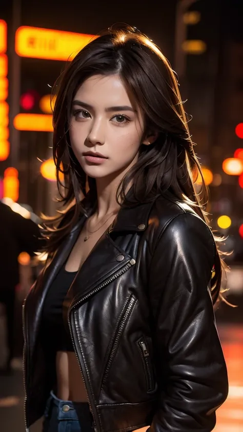 Master piece a poster of a beautiful woman with long brown hair Messy style, smooth skin, perfect face, perfect body, brown eyes, full body, futuristic, full head and hair, wearing dark leather jacket  with many expresion  procreate, 16k uhd Professional p...