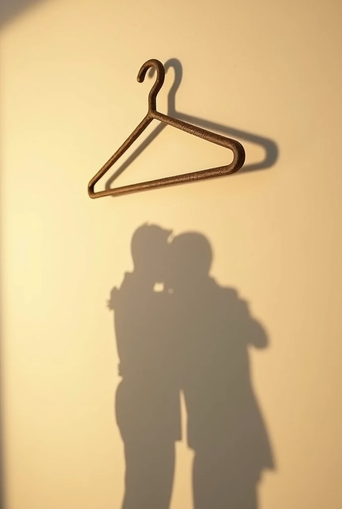 An empty hanger on a beige wall with a shadow of a hug shared by two people. The hanger should be the main focus. (Close up picture) Make the shadow be a little larger. 
Create another image with just one hanger close up pinned on the wall and a larger sha...