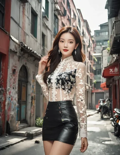 comic storyboard，a stunning chinese woman wears a lace bodysuit、super mini skirt and tight leather pants，exude elegance and conf...