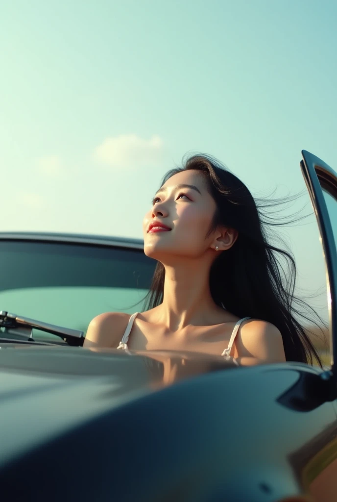 A downward-angled shot of a beautiful Asian woman with aethetic face, long black hair and sitting in the seat of a black luxurious muscle car, leaning her head out of the window and looking up at the sky. She has a peaceful smile, capturing a sense of free...