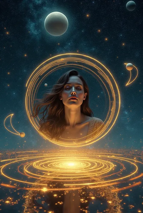 Night universe with rotating planets, with loop trails in gradient colors, A giant golden shiny mirror surrounded by stars in space reflects a female face 