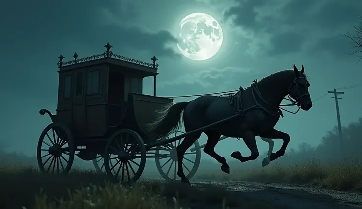 Image of a horse-drawn carriage with wheels coming off in the moonlight.