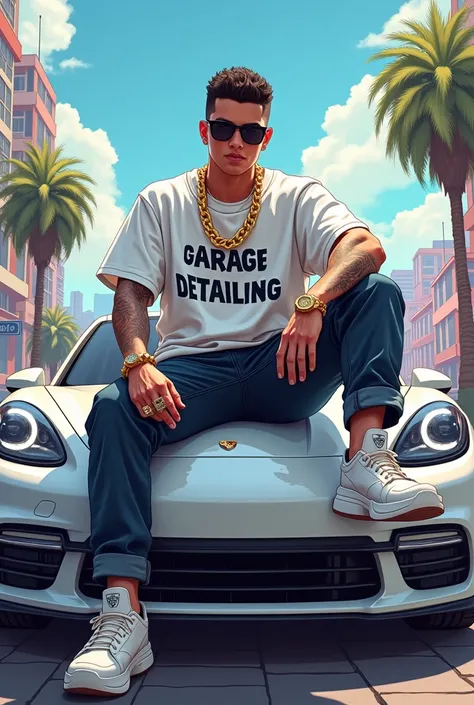 A gangsta with short hair,gold chains,gold ring,rolex,a oversize white tshirt,angarage detailing text on tshirt,sit on bonnet,white porsche panamera,ankara city in background,Angarage angarage detailing text,anime,manga,angarage detailing text