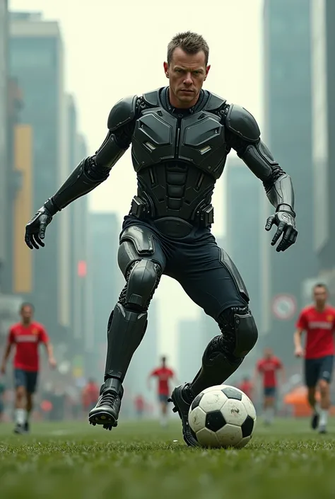 matt daemon playing soccer with his exoskeleton as seen in the movie elysium