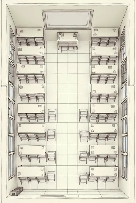 make a blueprint of a public classroom in the Philippines with 38 armchairs lined with 8 rows only, facing the blackboard, no tvs and one room only