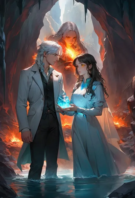 28 years, boy with green eyes and white hair, with water in hands, and a girl with yellow eyes, with dark hair, with water in hands, walk on water into a fiery cave , книжный portrait в жанре РПГ, portrait из "Dungeons and Dragons", фэнтезийный portrait,  ...