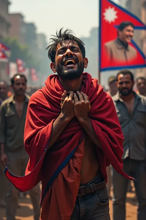 Nepali man crying for foods wearing nepal flag and political leader woth banner of president kicking them