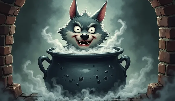 an evil gray and white wolf, with a scared face, inside a cauldron of water boiling with smoke, inside the chimney, of a house, styled as a childrens story about the three little pigs