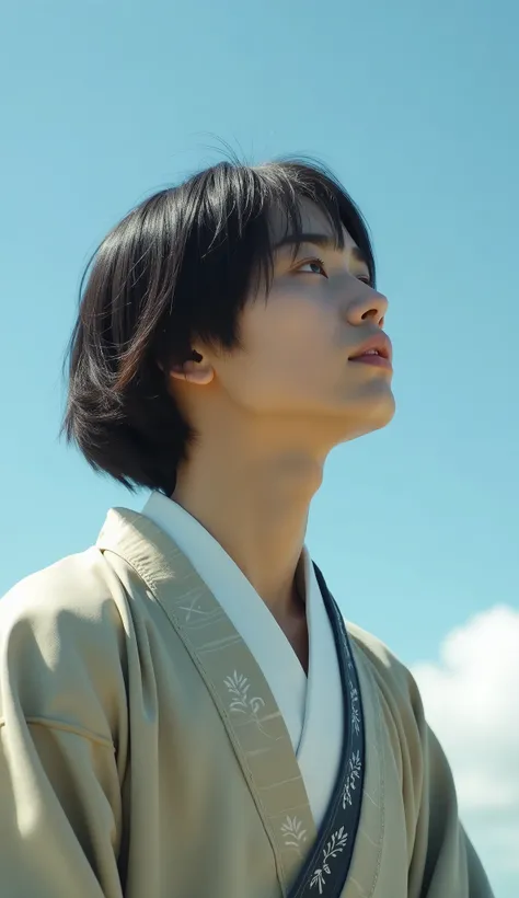 live-action、Real、Beautiful young Japanese man with bob hair、Priest&#39;s clothing from the Heian period、Looking up at the sky、Staring at the audience
