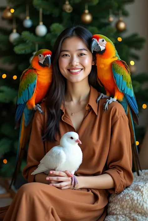 A photograph of a woman sitting beside a Christmas  tree with 2 orange and green colored parrots on her shoulder while holding a white dove on her lap