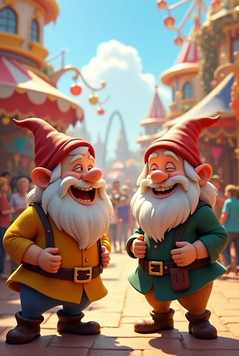 2 dwarfs talking, and then laughing a lot, sunny place, amusement park