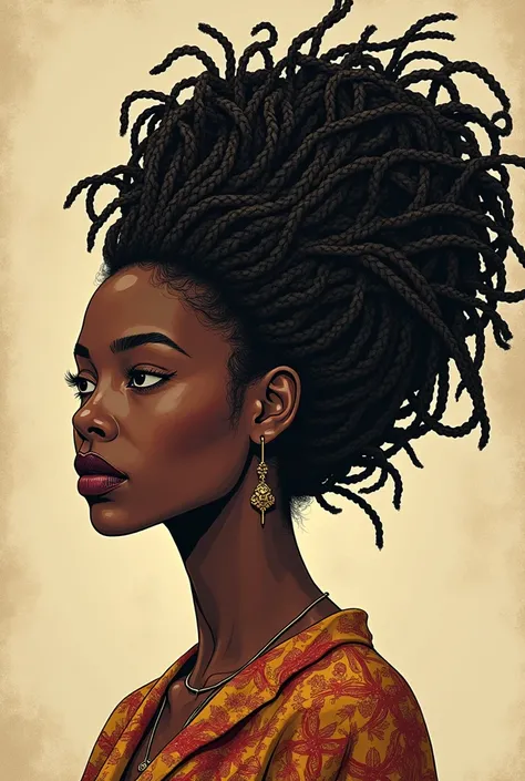 Create a drawing of a black woman with a braid in the shape of Africa 