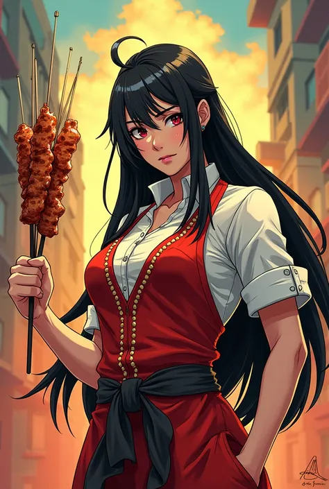 Anime of a Brazilian chef with long straight black hair, dressed in dogma with meat skewers in hand