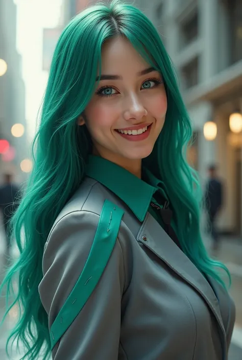 Capture of My Academy Hero, Girl with straight emerald hair, grey suit with aqua green stripes, galaxy eyes, smiling, at school