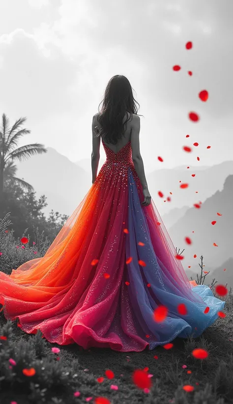 Beautiful landscape in black and white, beautiful teenage girl standing in dress(beautiful kaleidoscopic multiple exposures),dress is colorful and color is in very smooth gradience, dress is very elegant and luxurious and volumed shape with lots of shiny s...