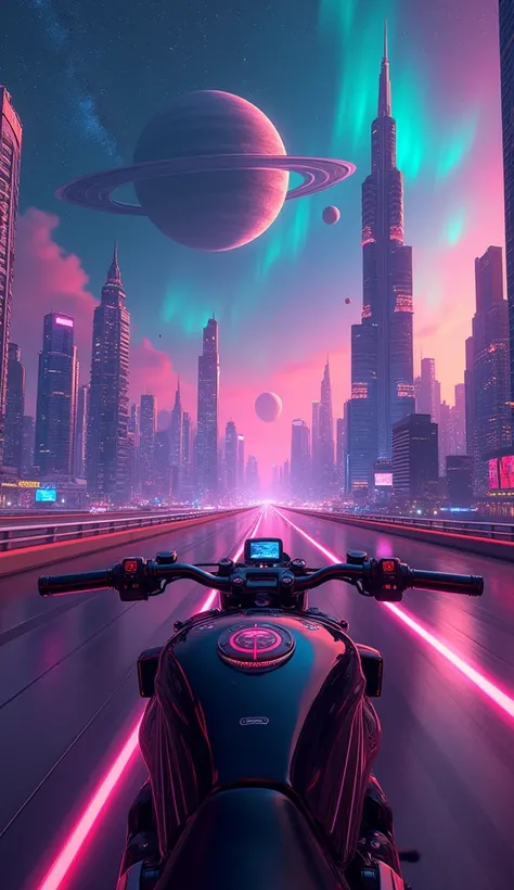 Synthwave type tall buildings, so many building, buildings view from far, on a highway, while driving a bike, stars visible clearly and milkyway galaxy, aurora in the sky, a big another planet in the sky, planet having large saturn moons rings and asteroid...