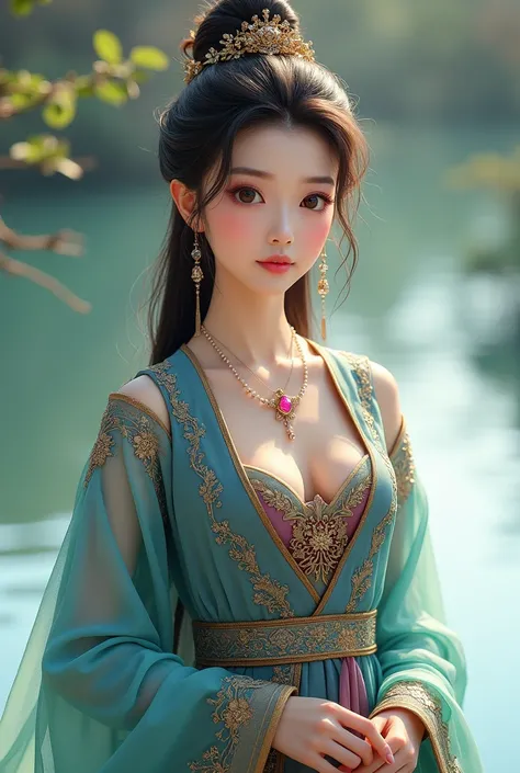 Princess Meng Shi is a very beautiful woman, fair-skinned with rosy cheeks, one lapiz labial rosa salmon, Her delicate and elegant features highlight her beauty with long, fine lilac eyes with pink details., Her long, straight, dark brown hair that is almo...