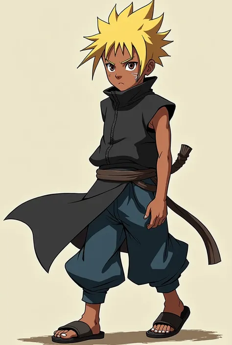 Create a Naruto Classic-style version of Raiden A. He has dark, deep brown skin, just like his father, the 4th Raikage. His hair is blonde and spiked up, wild but shorter than in later years, resembling his fathers, with a few loose strands falling around ...