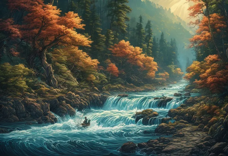 painting of a fish jumping out of a river into a stream, el bosco and dan mumford, painting by dan mumford, scenery art detailed, dan mumford and albert bierstadt, by Kerembeyit, 4 k highly detailed art, dan mumford and thomas kinkade, highly detailed digi...