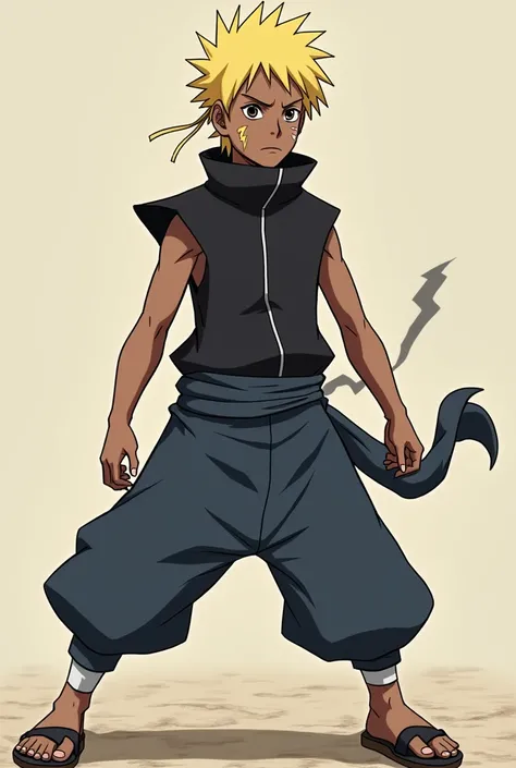 Create a Naruto Classic-style version of Raiden A. He has dark, deep brown skin, just like his father, the 4th Raikage. His hair is blonde and spiked up, wild but shorter than in later years, resembling his fathers, with a few loose strands falling around ...