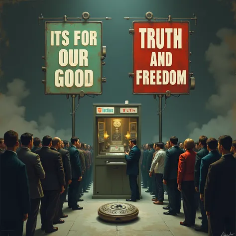 A machine with two large signs that say in capital letters: “it is for our good” and a button with the image of death; and another sign that says in capital letters “truth and freedom”.  In the line of the button with the image of death there is an endless...