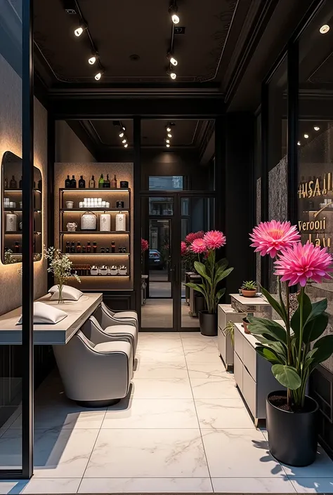 eyelash extension studio with large windows, glass door, and large flowers at the entrance, color style black white gray with anatomical couches for clients and a large Veroni Lash inscription