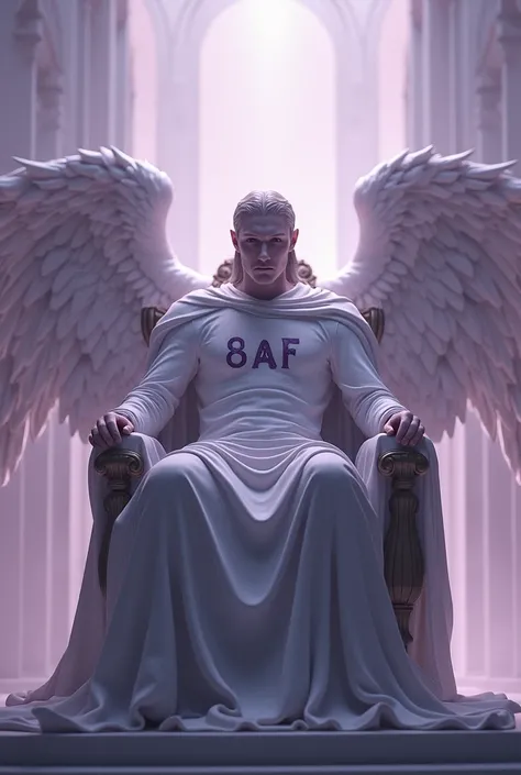 A male angel sitting on a throne with a serious countenance, with the acronym 8AF written on his cloak, along with a background with a lilac hue.